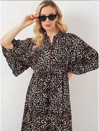Robe midi imprimée à col en v et manches trois-quarts bdart