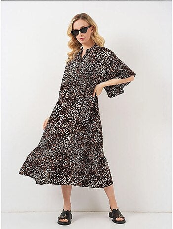Robe midi imprimée à col en v et manches trois-quarts bdart