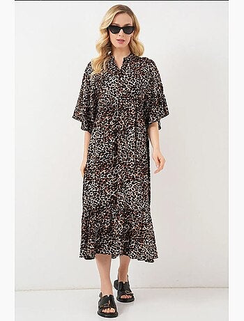 Robe midi imprimée à col en v et manches trois-quarts bdart