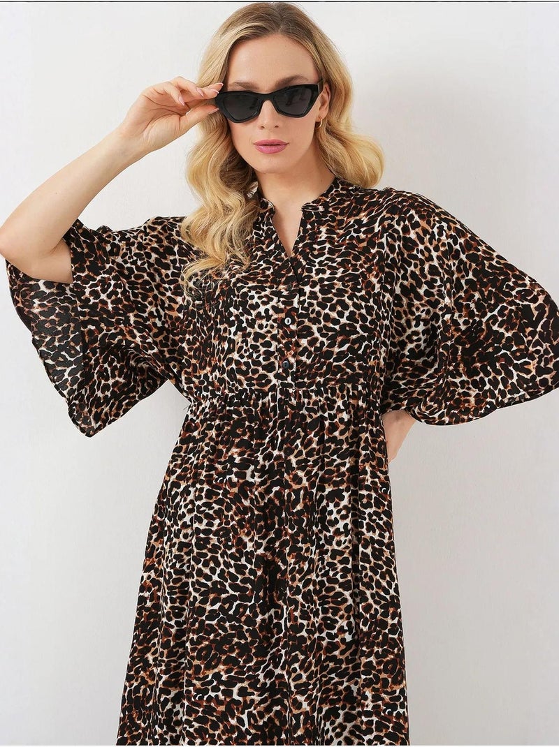 Robe midi imprimée à col en v et manches trois-quarts bdart Marron noisette - Kiabi