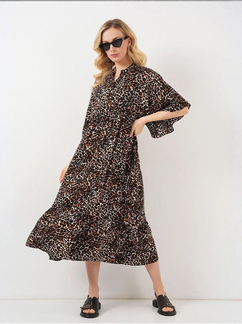 Robe midi imprimée à col en v et manches trois-quarts bdart Marron noisette - Kiabi