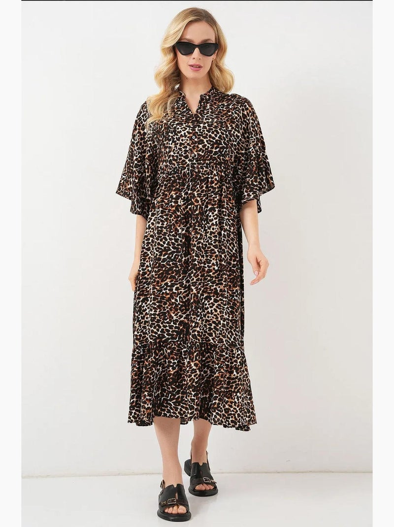 Robe midi imprimée à col en v et manches trois-quarts bdart Marron noisette - Kiabi