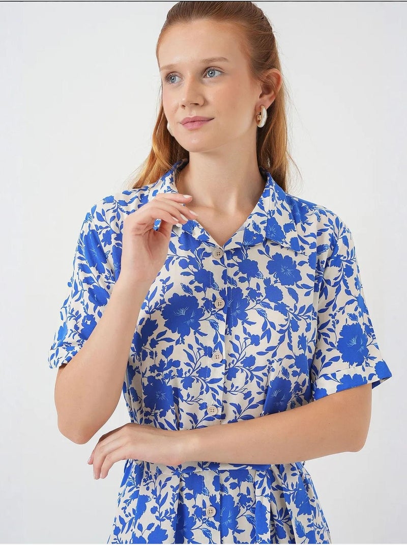Robe midi imprimée avec coupe a et col chemise bdart Bleu électrique - Kiabi