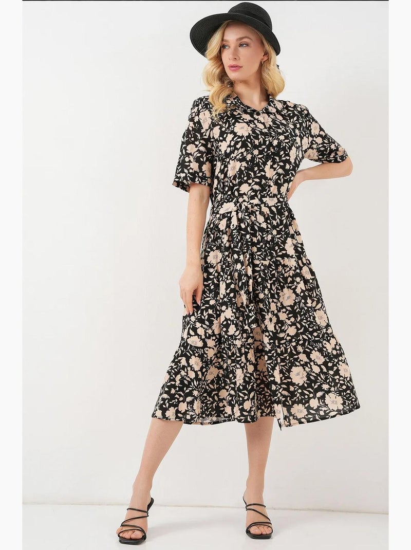 Robe midi imprimée avec coupe a et col chemise bdart Noir - Kiabi