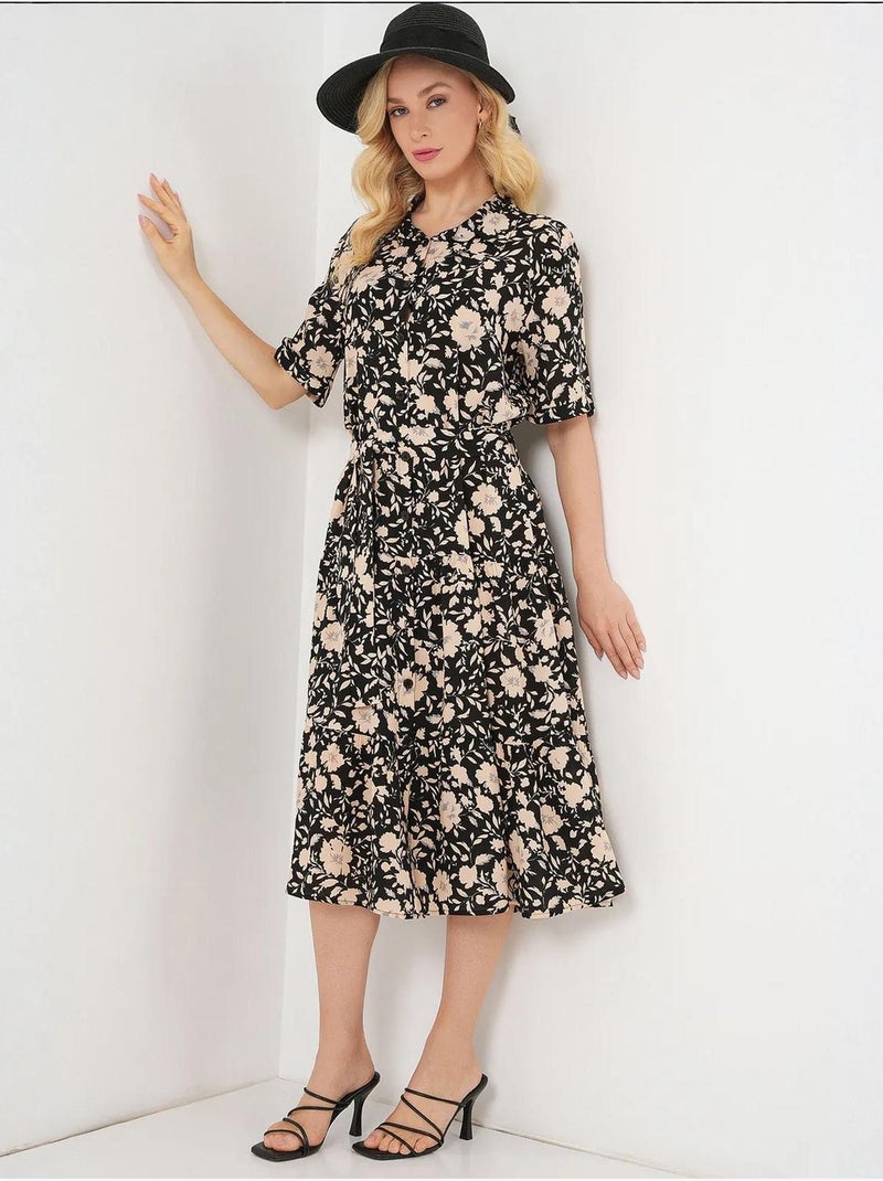 Robe midi imprimée avec coupe a et col chemise bdart Noir - Kiabi