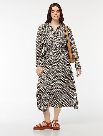 Robe midi imprimée ceinturée et pressionnée