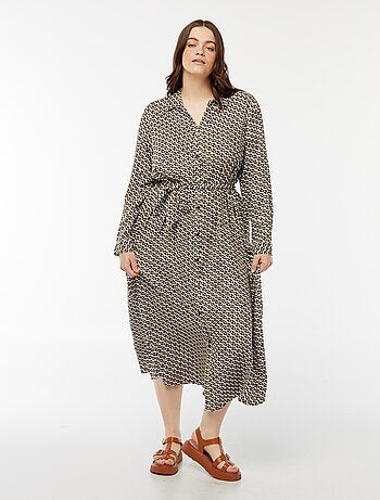 Robe midi imprimée ceinturée et pressionnée