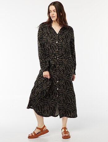 Robe midi imprimée ceinturée et pressionnée