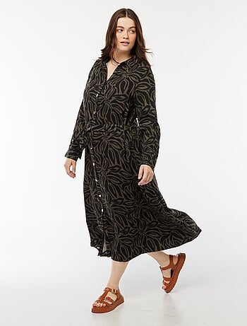 Robe midi imprimée ceinturée et pressionnée