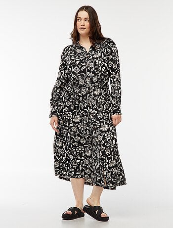 Robe midi imprimée ceinturée et pressionnée
