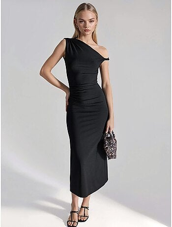 Robe midi moulante à col asymétrique