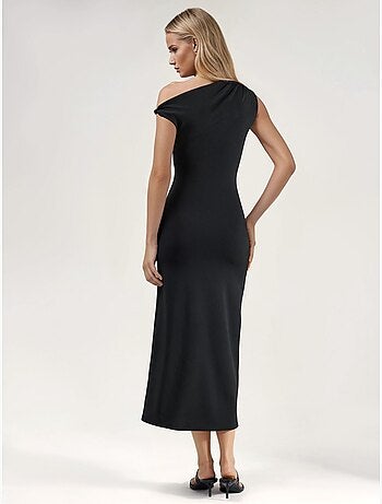 Robe midi moulante à col asymétrique