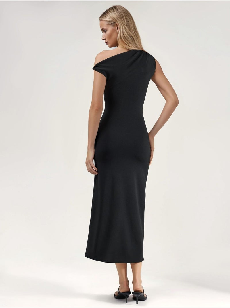 Robe midi moulante à col asymétrique Noir - Kiabi