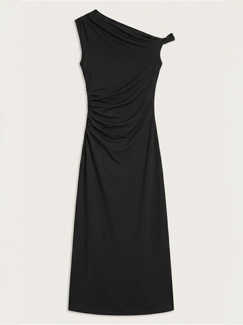 Robe midi moulante à col asymétrique Noir - Kiabi