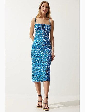 Robe midi moulante à fleurs avec fente istanbul