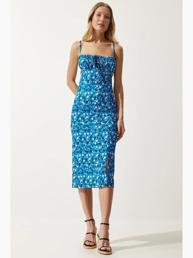 Robe midi moulante à fleurs avec fente istanbul Bleu cobalt - Kiabi