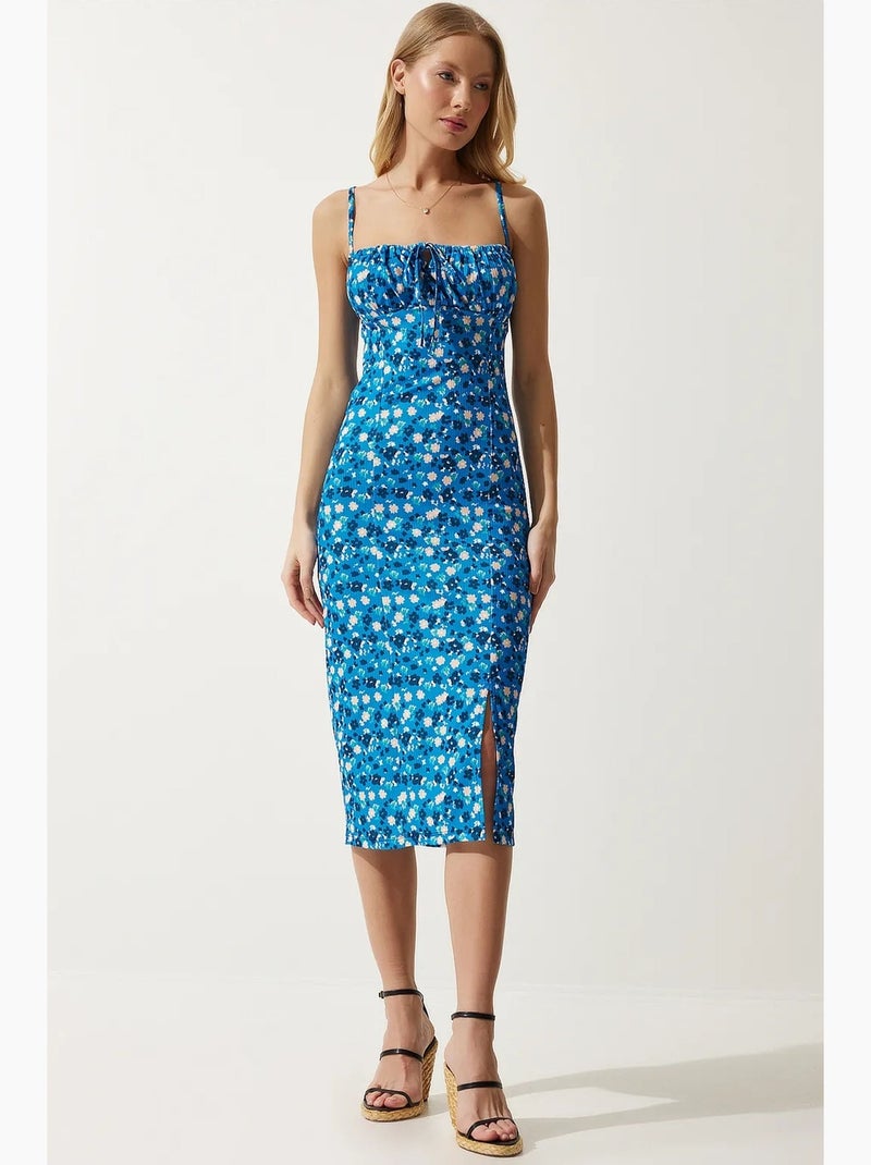 Robe midi moulante à fleurs avec fente istanbul Bleu cobalt - Kiabi