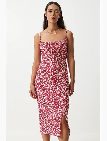 Robe midi moulante à fleurs avec fente istanbul