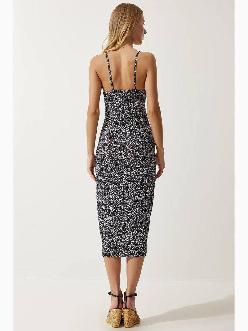 Robe midi moulante à fleurs avec fente istanbul Noir Blanc - Kiabi