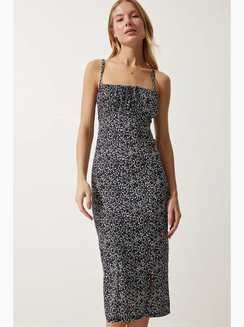 Robe midi moulante à fleurs avec fente istanbul Noir Blanc - Kiabi