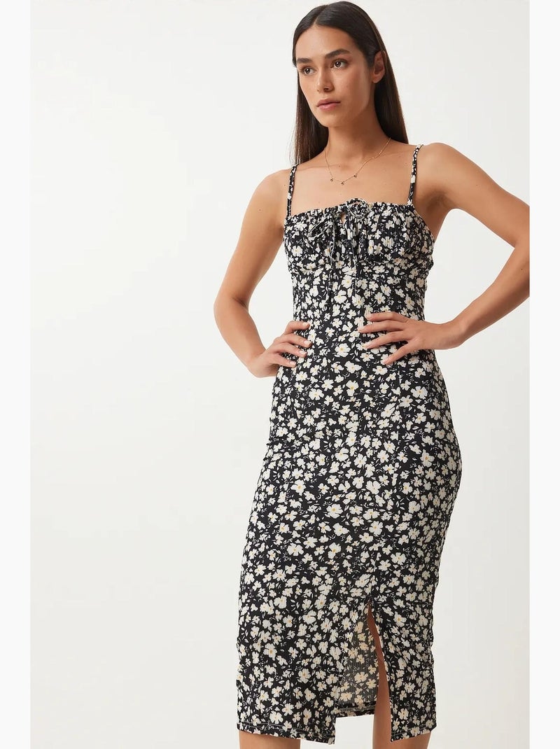 Robe midi moulante à fleurs avec fente istanbul Noir - Kiabi