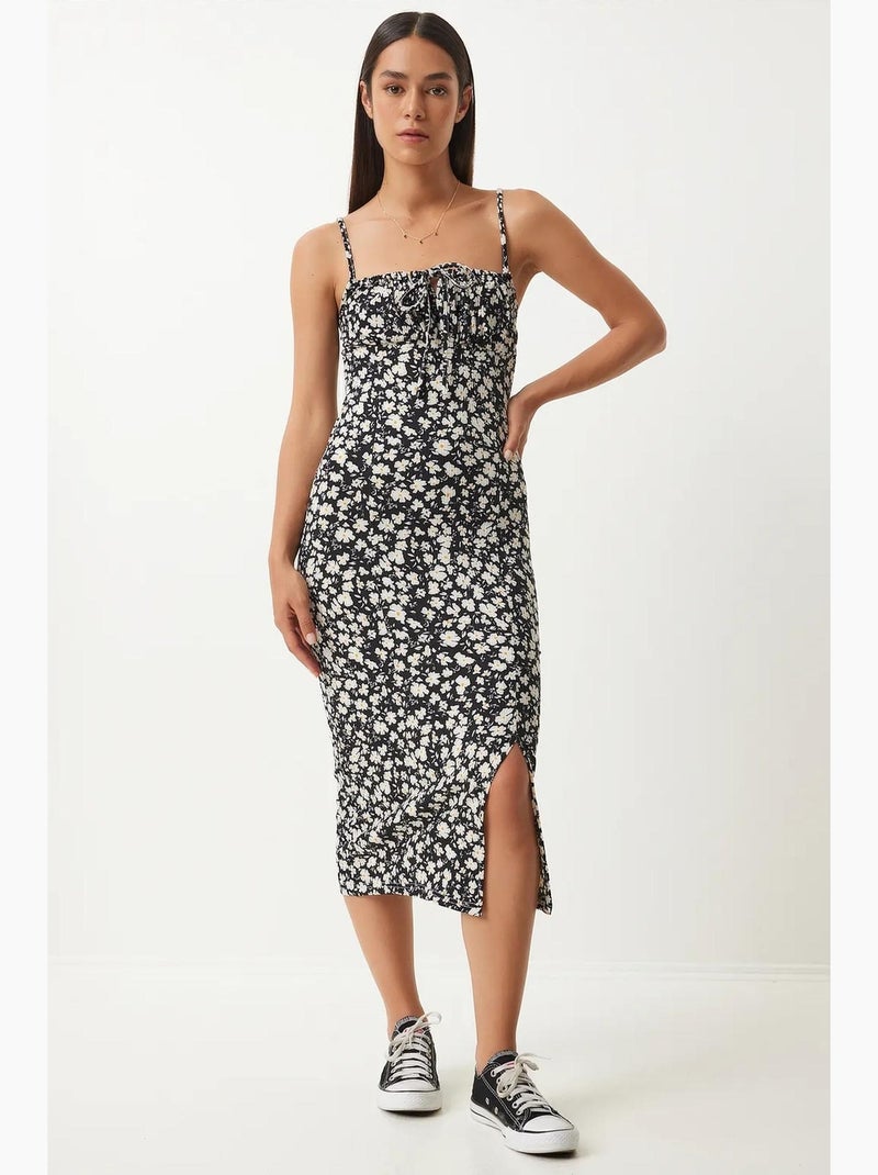 Robe midi moulante à fleurs avec fente istanbul Noir - Kiabi