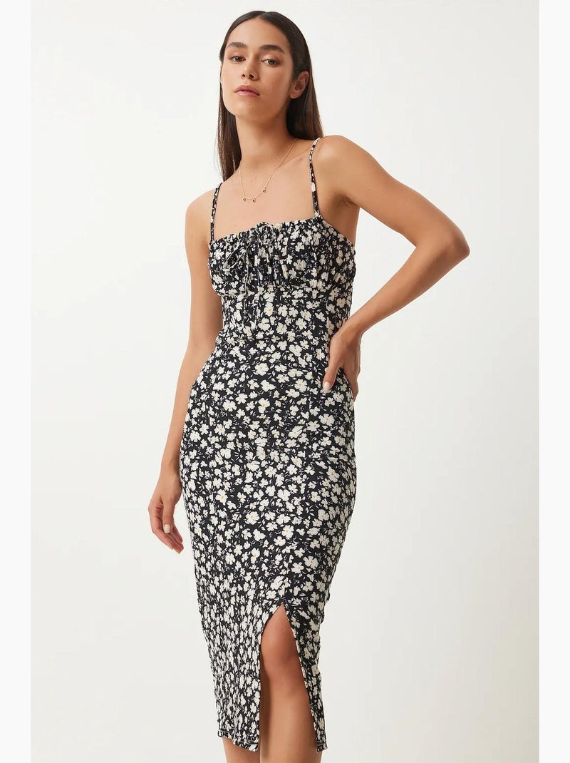 Robe midi moulante à fleurs avec fente istanbul Noir - Kiabi