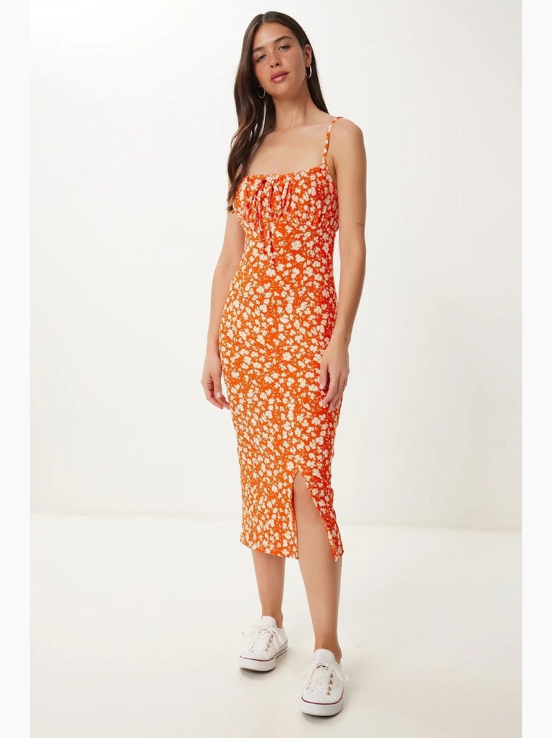 Robe midi moulante à fleurs avec fente istanbul Orange - Kiabi
