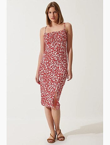 Robe midi moulante à fleurs avec fente istanbul