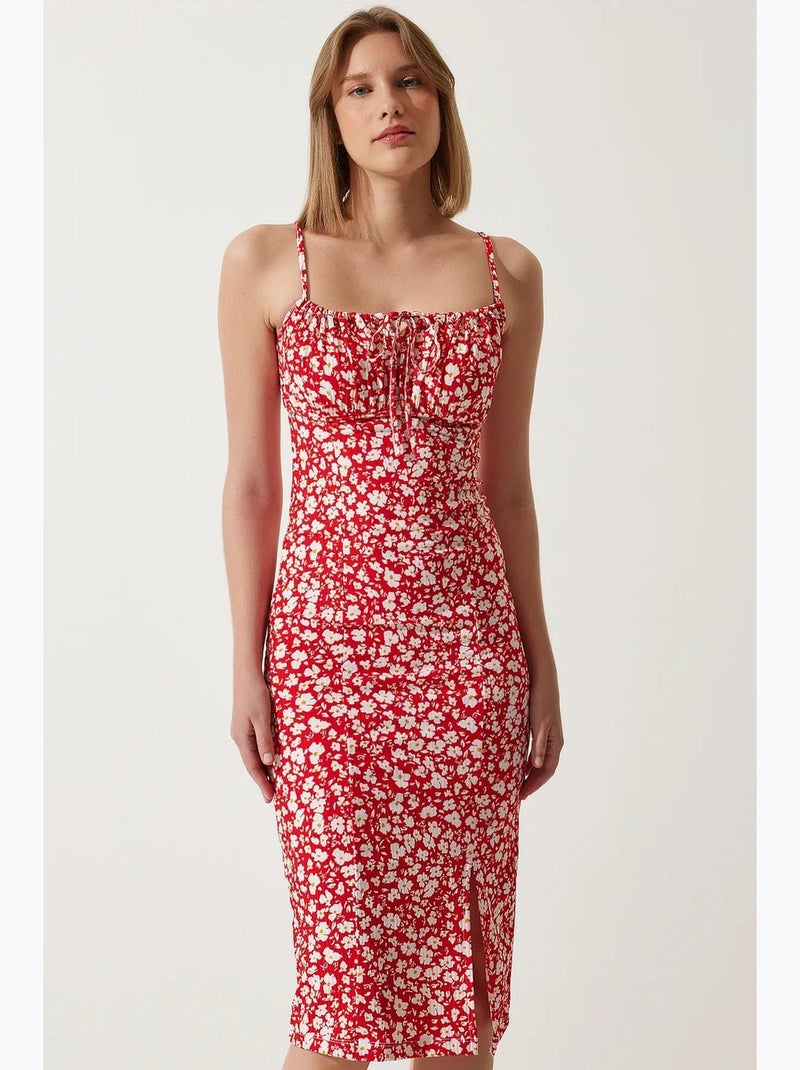 Robe midi moulante à fleurs avec fente istanbul Rouge carmin - Kiabi