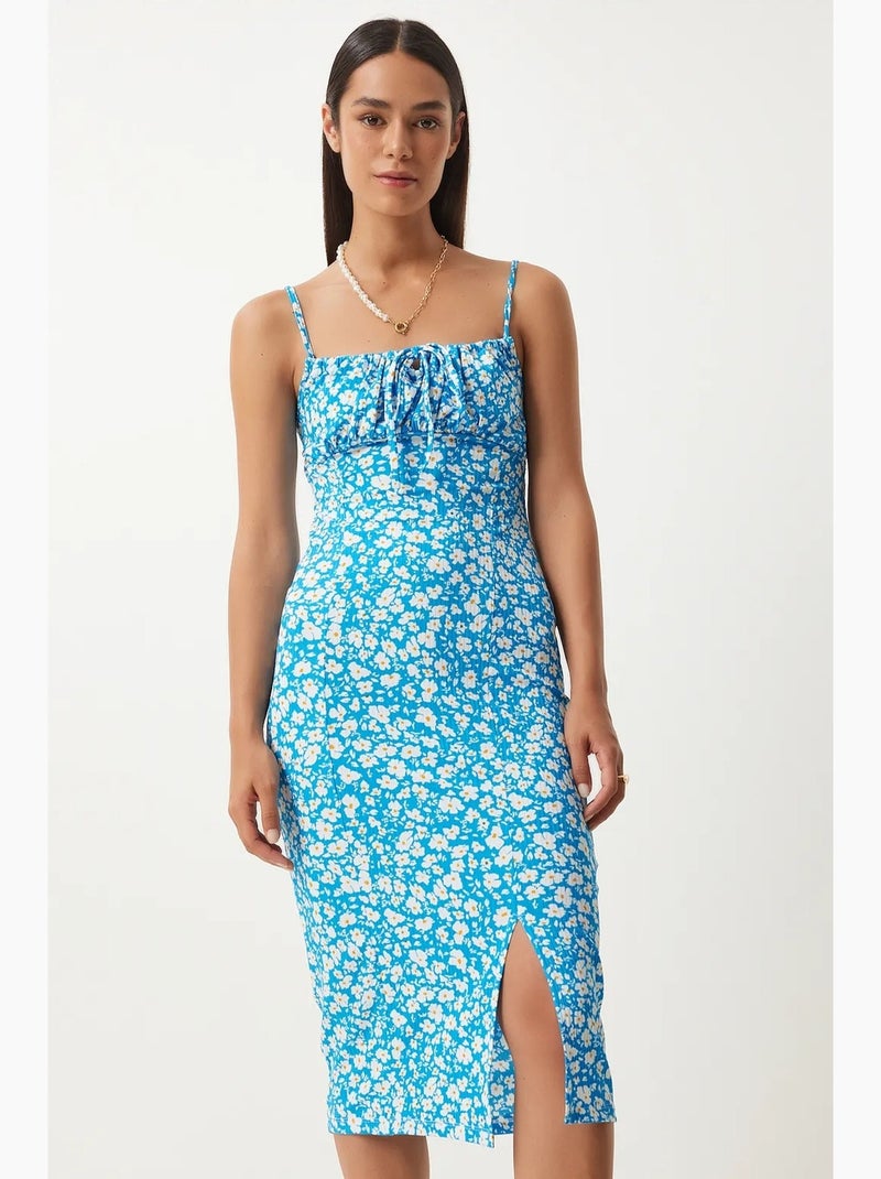 Robe midi moulante à fleurs avec fente istanbul Turquoise - Kiabi