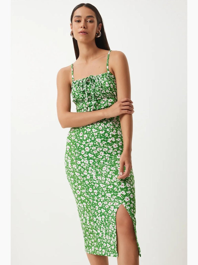 Robe midi moulante à fleurs avec fente istanbul Vert anis - Kiabi