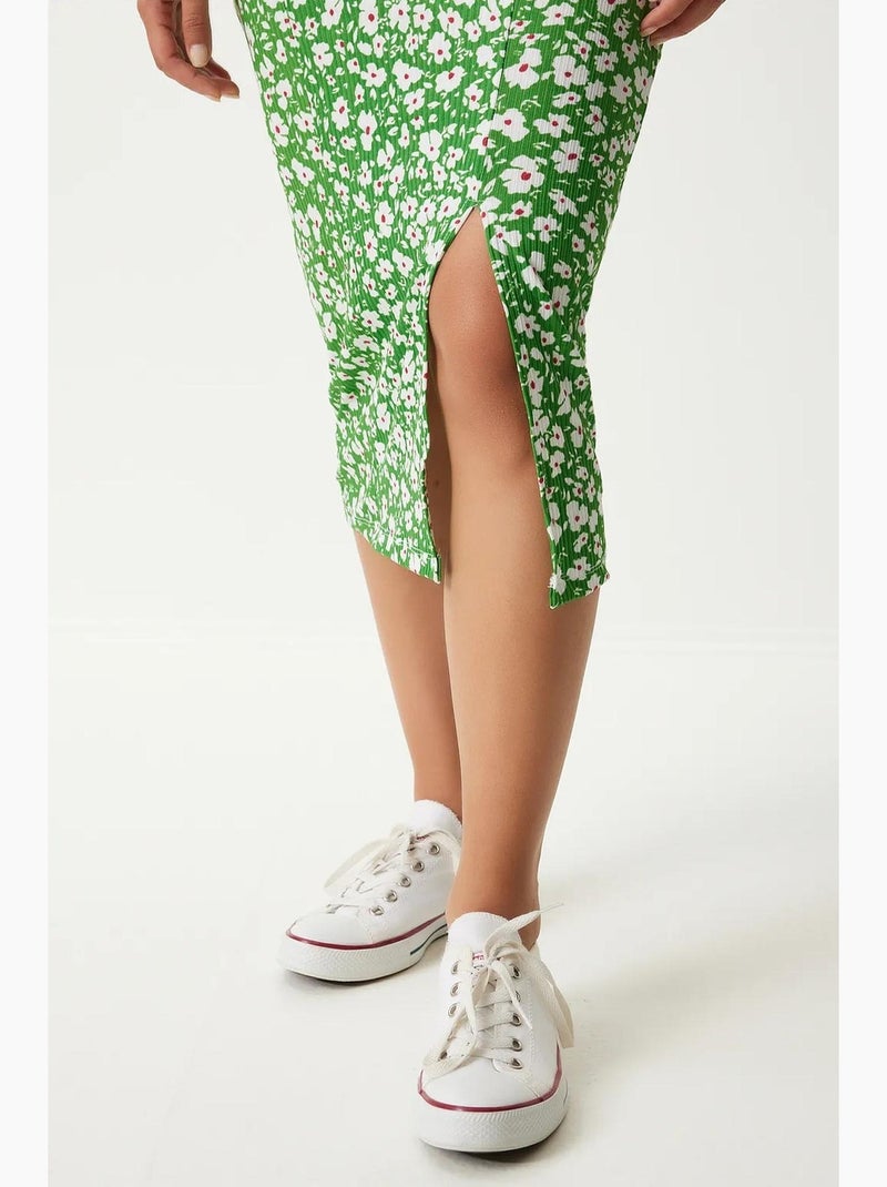 Robe midi moulante à fleurs avec fente istanbul Vert anis - Kiabi