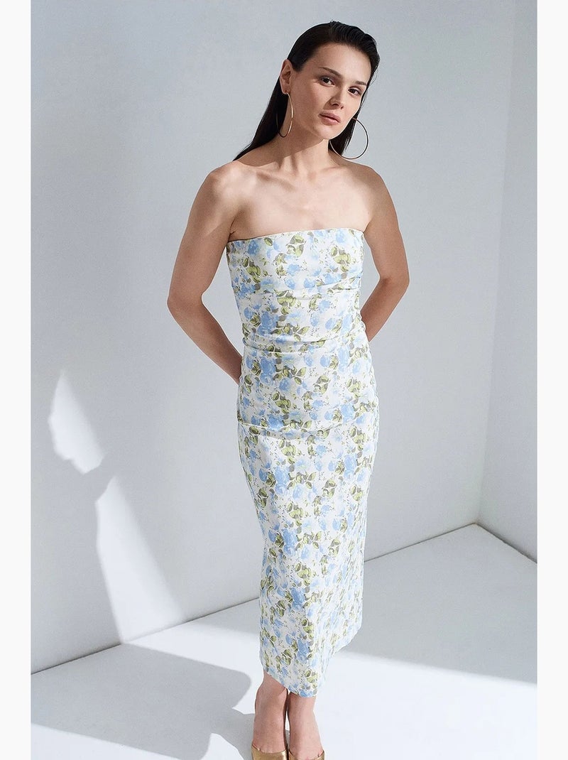 Robe midi moulante bustier à fleurs dilvin Bleu ciel - Kiabi