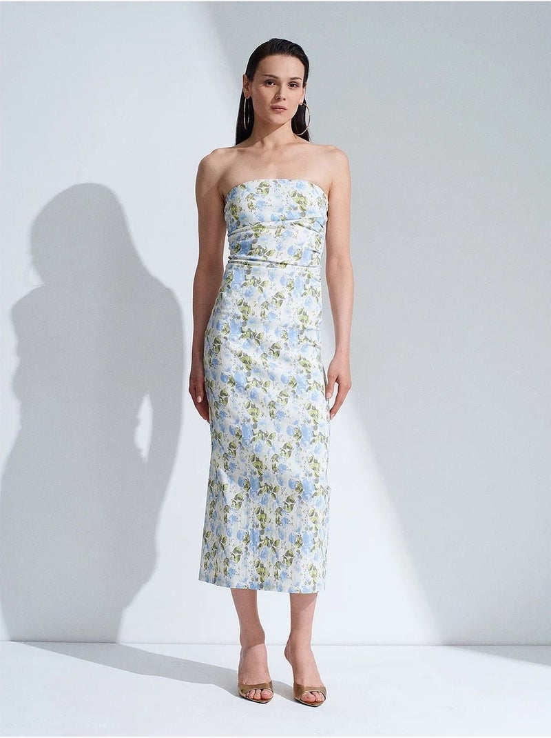 Robe midi moulante bustier à fleurs dilvin Bleu ciel - Kiabi