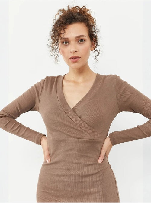 Robe midi moulante côtelée à col en v tommy - Kiabi