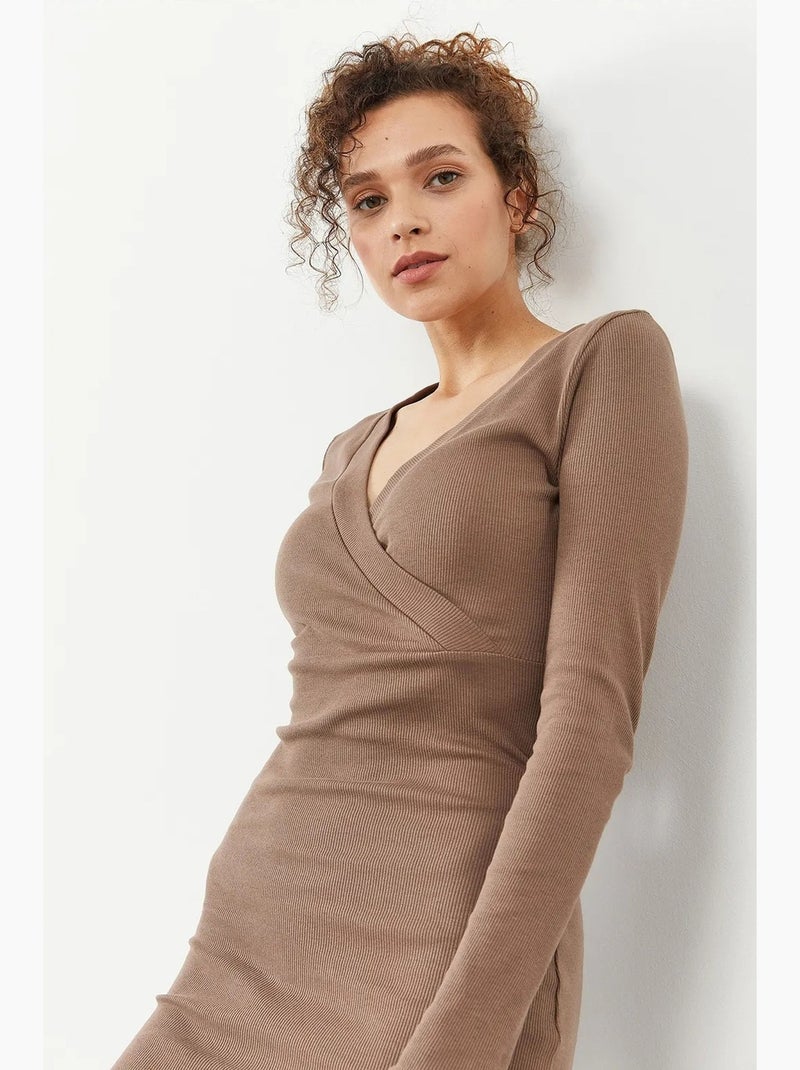 Robe midi moulante côtelée à col en v tommy Taupe - Kiabi