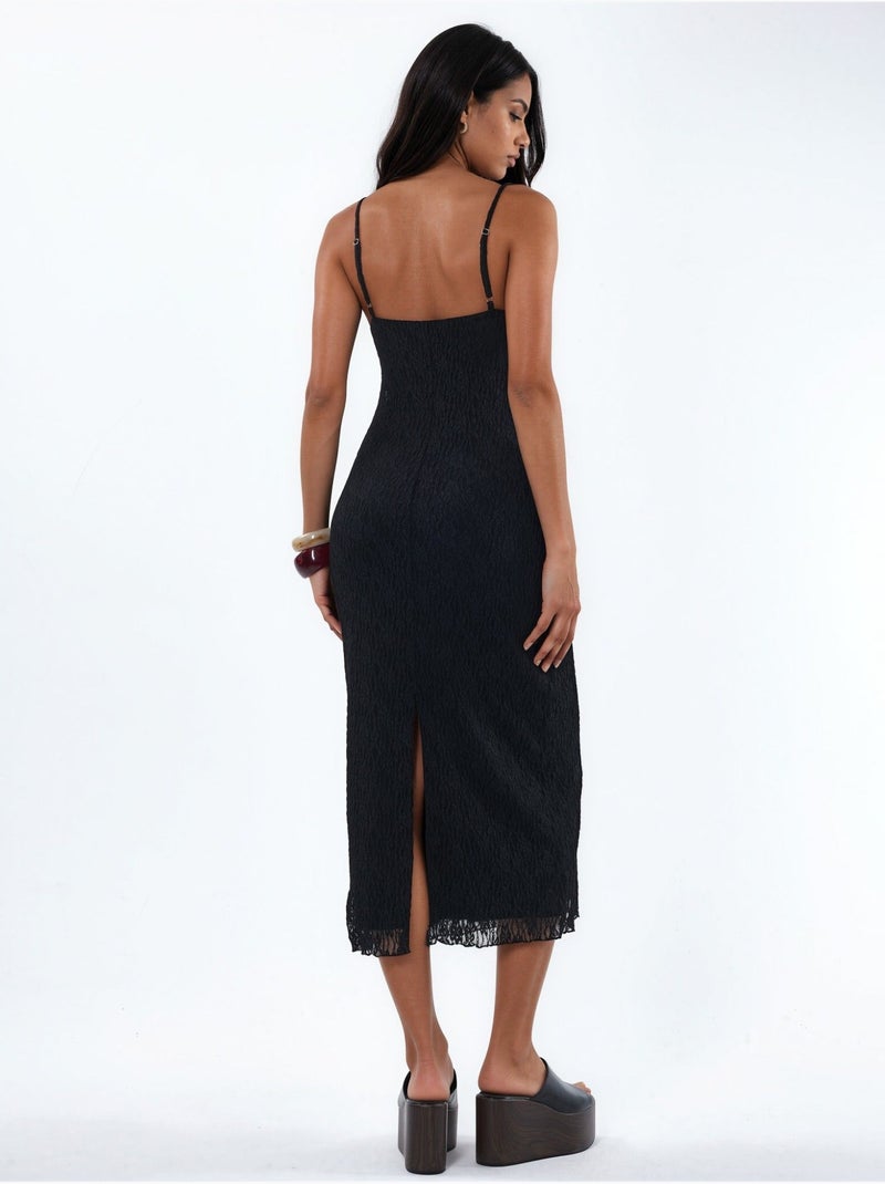 Robe midi moulante en dentelle à col V Noir - Kiabi