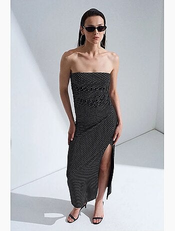 Robe midi moulante sans bretelles à pois dilvin