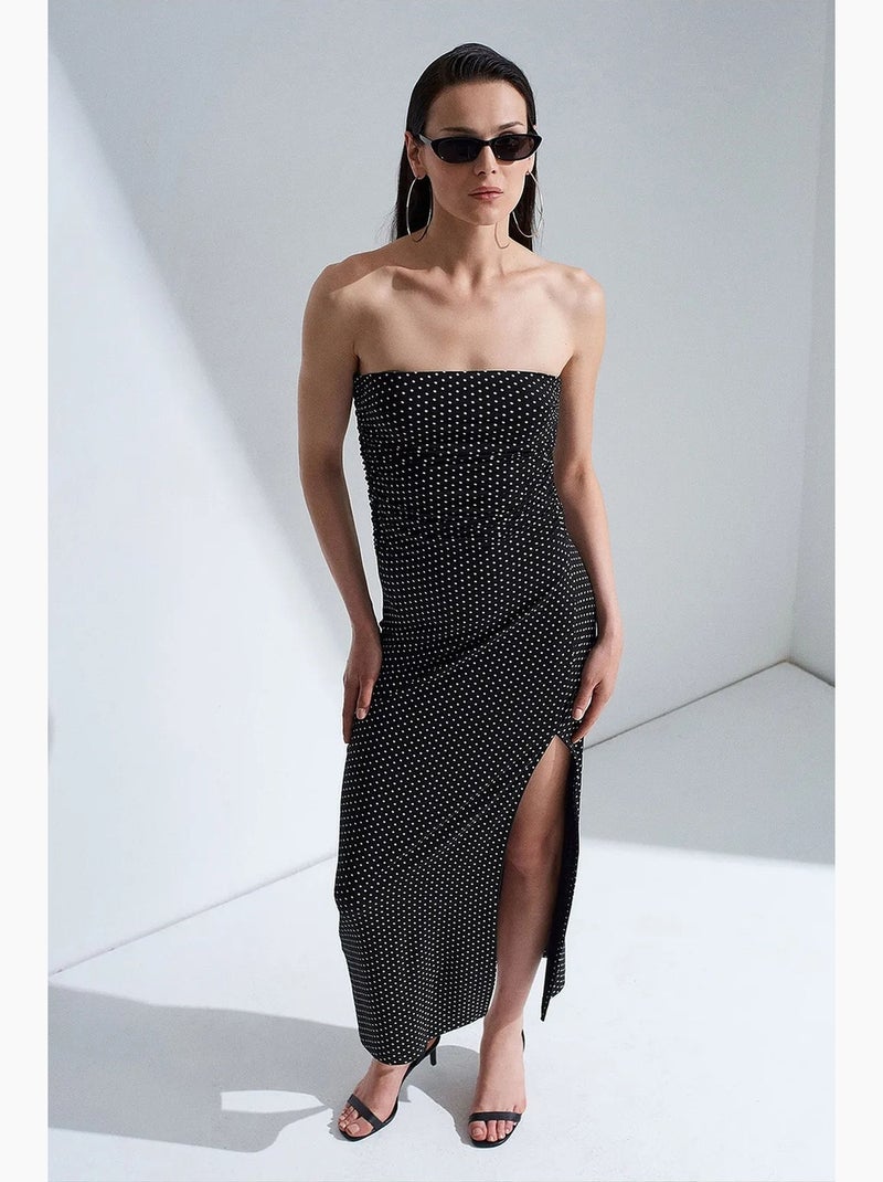Robe midi moulante sans bretelles à pois dilvin Noir - Kiabi