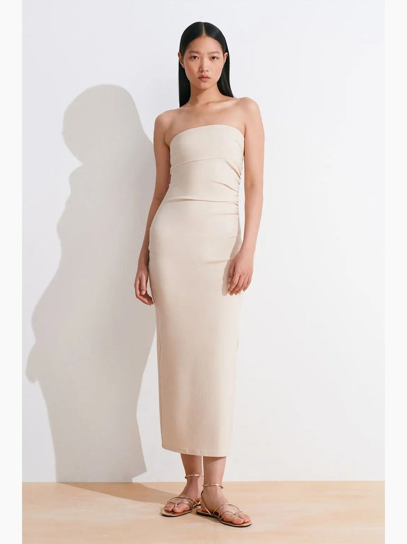 Robe midi moulante sans bretelles, avec fente dilvin Beige argile - Kiabi
