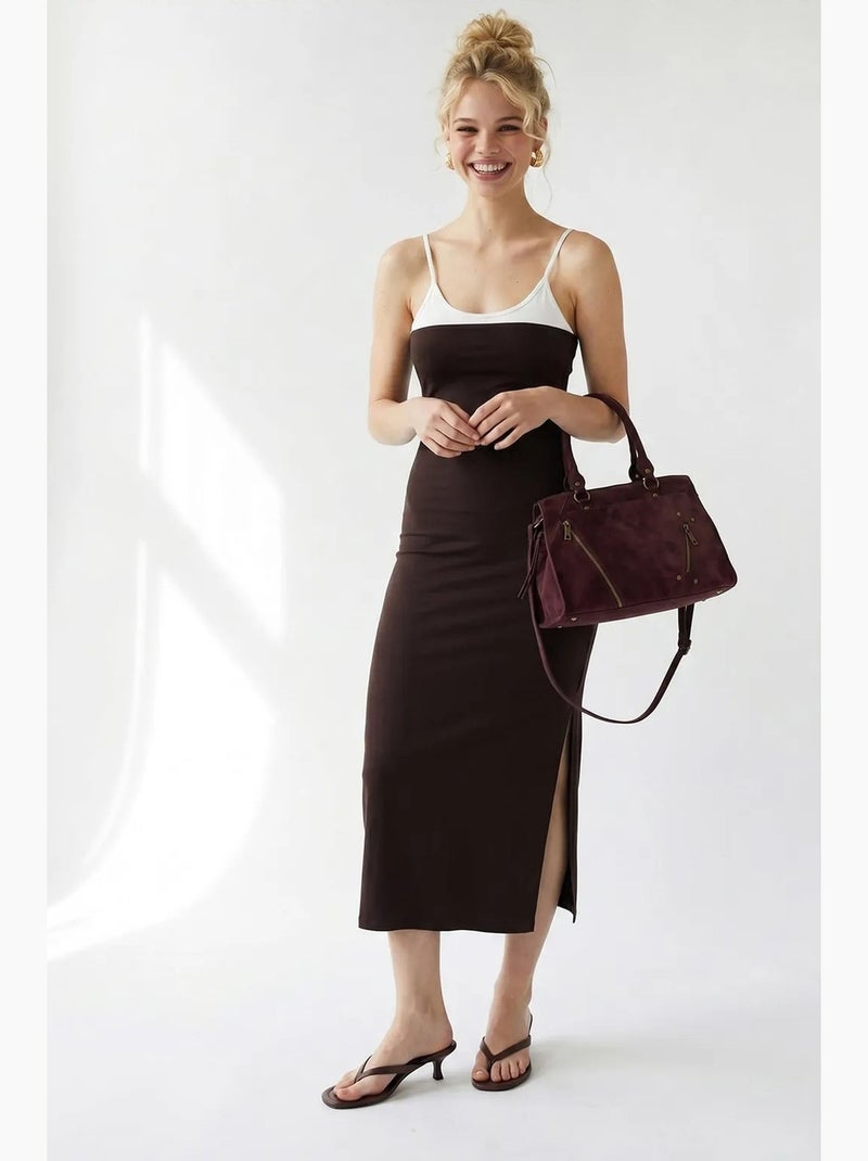 Robe midi moulante sans manches avec fente mixray Marron chocolat - Kiabi
