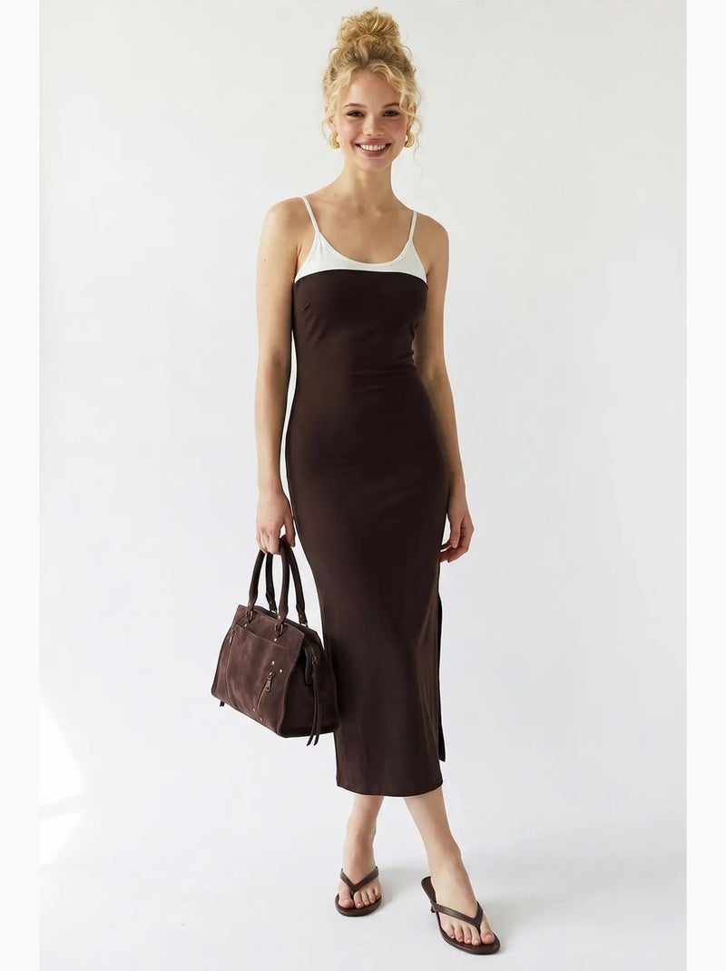 Robe midi moulante sans manches avec fente mixray Marron chocolat - Kiabi