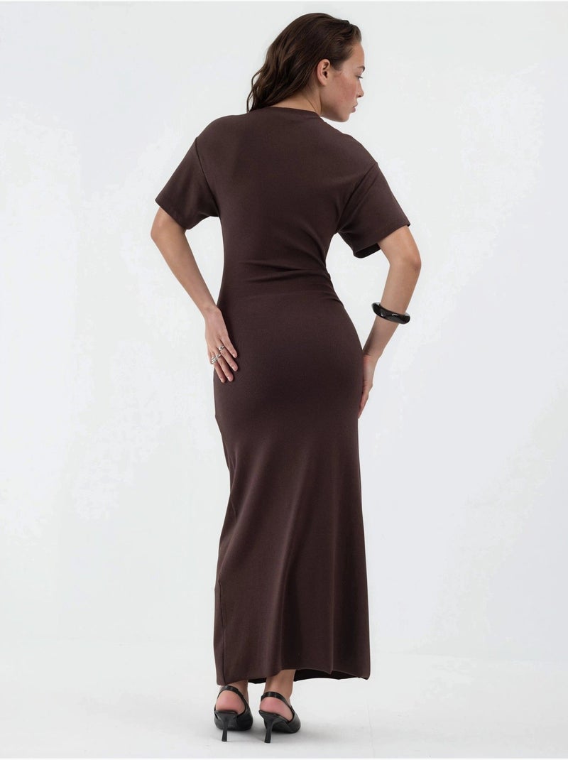 Robe midi moulante unie à col rond busem Marron chocolat - Kiabi