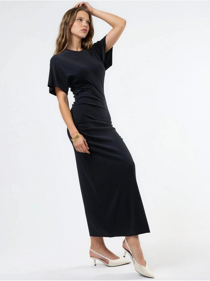 Robe midi moulante unie à col rond busem Noir - Kiabi