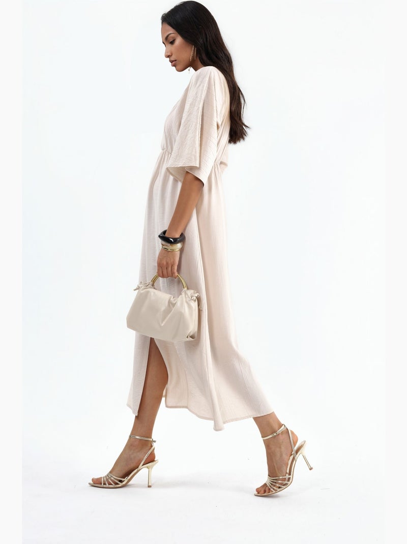 Robe midi portefeuille à col v et manches trois-quarts busem Beige argile - Kiabi