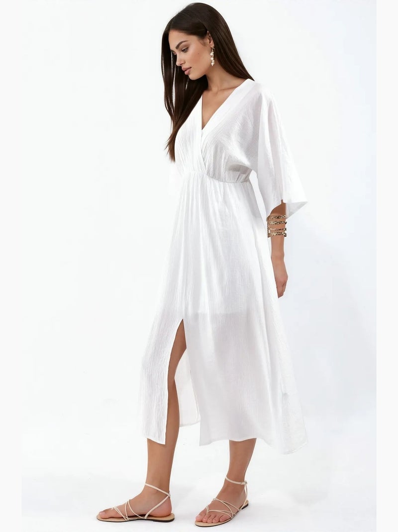 Robe midi portefeuille à col v et manches trois-quarts busem Blanc cassé - Kiabi