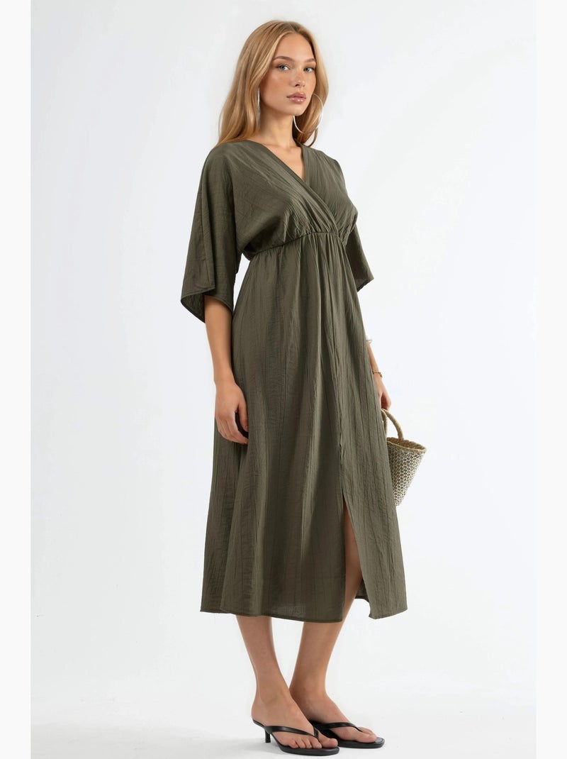 Robe midi portefeuille à col v et manches trois-quarts busem Kaki - Kiabi