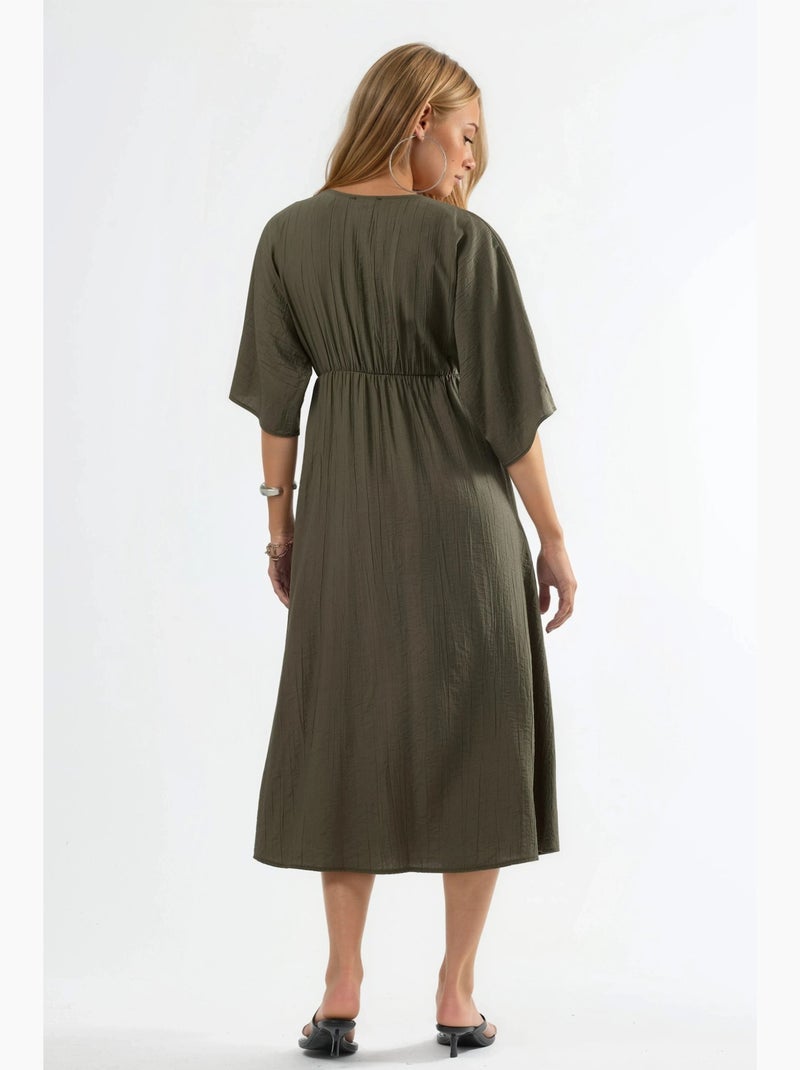 Robe midi portefeuille à col v et manches trois-quarts busem Kaki - Kiabi