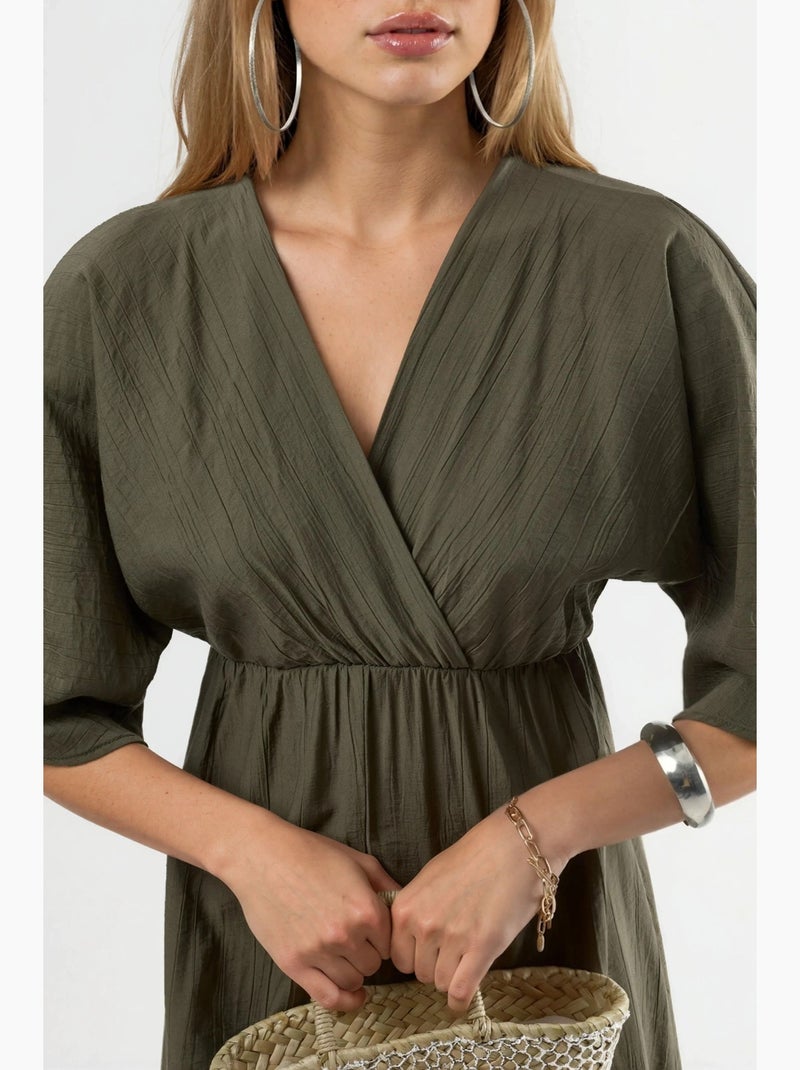 Robe midi portefeuille à col v et manches trois-quarts busem Kaki - Kiabi